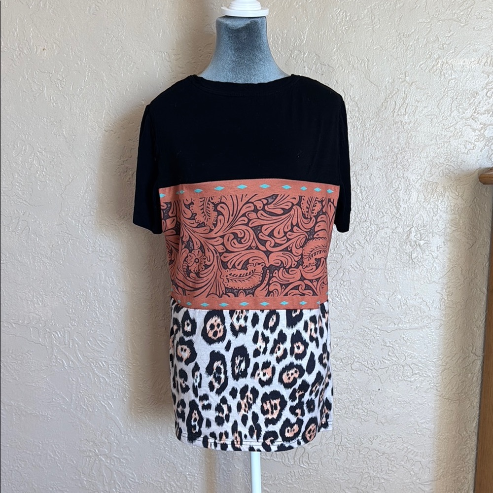 Black, inspired tool leather and cheetah Patterned Women's Top